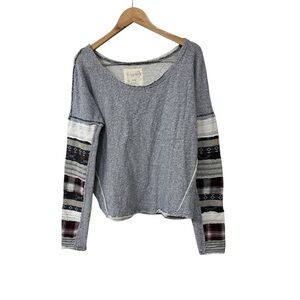 Free People Stripe Patchwork Sleeves Blue White Top Pullover M